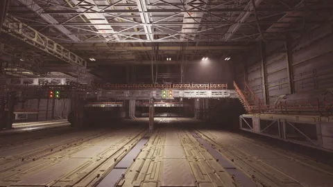 Desolate assembly area with muted lighting and aged structural elements Stock Footage 339628814