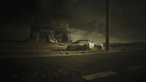 Desolate automobile lies under violent sky with broken surroundings Vidéo 339796858