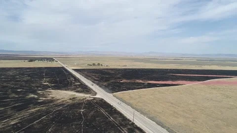 A desolate, burnt out landscape with a road in the middle Stock Footage 314241940
