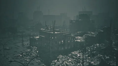 Desolate city after collapse. Gloomy abandoned metropolis at sunset Video stock 340666479