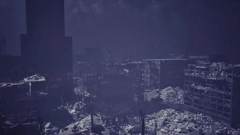 Desolate city silhouette with scattered illuminated patches and thick haze Video stock 341596583