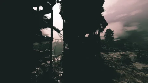 Desolate crumbling tower with hazy skyline at evening twilight Stock Footage 331522508