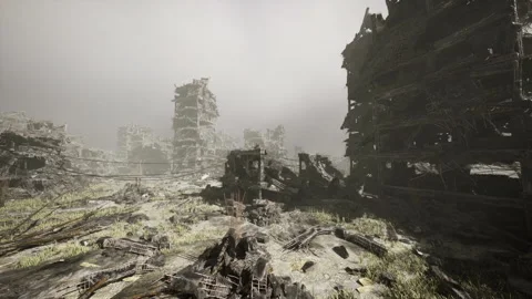 Desolate debris landscape. Abandoned pathway shrouded in fog Stock Footage 340339603
