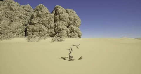 Desolate desert landscape featuring twisted tree and rocky formations Stock Illustration