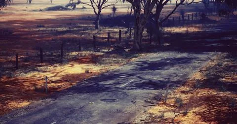 Desolate dirt road surrounded by trees and dry landscape under a bright sky Stock Illustration