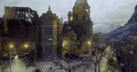 Desolate grand building with cracked floors and distant rocky landscape Stock Footage 333562441