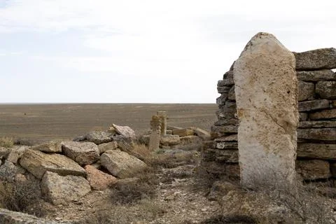 Desolate graveyard in remote location in Mangystau region, Kazakhstan Stock Photos