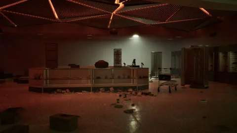 Desolate grocery interior with scattered boxes and muted lighting Stock Footage 343618064