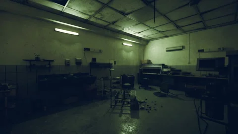 Desolate industrial kitchen with dim lighting and scattered clutter at night Stock Footage 304506824