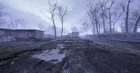 Desolate landscape with abandoned buildings under cloudy sky in evening light Ilustración de archivo