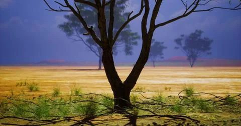 Desolate landscape with barren trees and sparse vegetation under a purple sky Stock Illustration