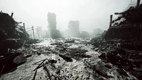 Desolate landscape of crumbling buildings in a post apocalyptic environment Stock Footage 329211525