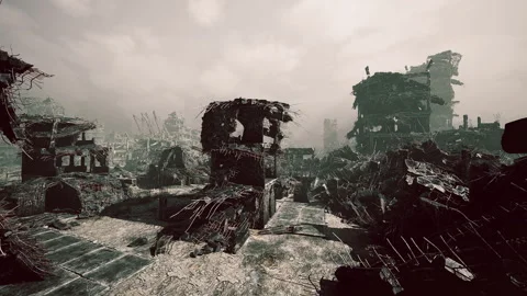 Desolate landscape of crumbling structures in a post apocalyptic city Stock Footage 331419651