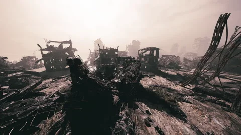 Desolate landscape of a destroyed urban area during a hazy day Stock Footage 331401606