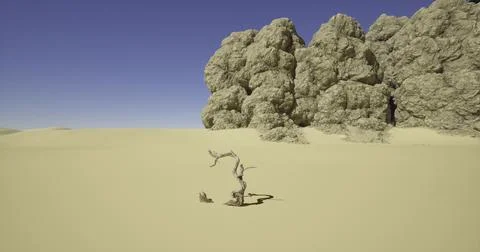 Desolate landscape features twisted tree against rocky formations in desert Stock Illustration