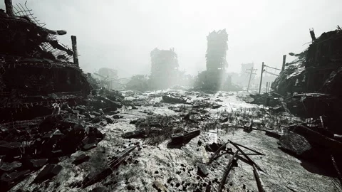 Desolate landscape filled with ruins and debris after a catastrophic event Video stock 326195700
