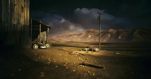 Desolate landscape illuminated by shadows from scattered crates and machinery Stock Footage 333561409