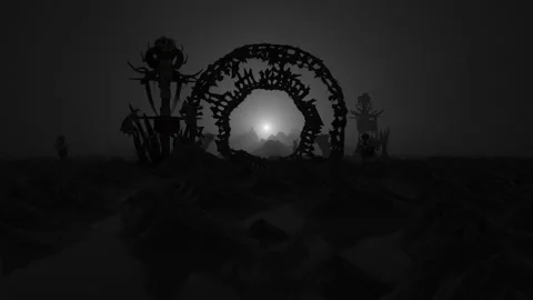 Desolate limbo underworld of horror with skulls on totems seamless loop. Stock Footage 138519036