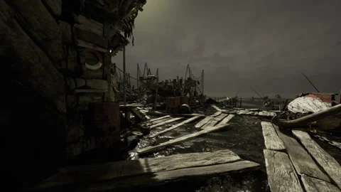 Desolate maritime scene. Abandoned vessels with wreckage and marine plants Video stock 342434829