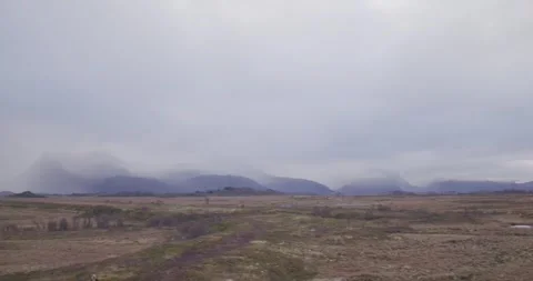 Desolate marshy field with leafless shrubs, rugged terrain, and distant Stock Footage 337512473