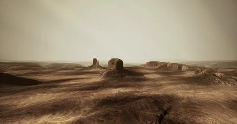 Desolate Martian landscape with rugged terrain and distant rocks Stock Illustration