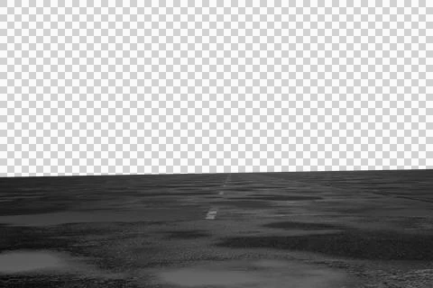 A desolate, monochrome perspective of a wet, empty road vanishing 스톡 사진