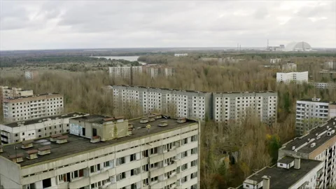 Desolate Pripyat ghost town buildings aerial view Stock-Footage 332831353
