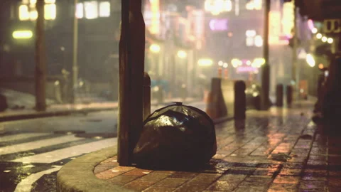 Desolate road illuminated by neon signs and foggy atmosphere Stock Footage 342436560