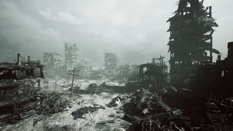 Desolate ruined landscape, Flooded debris and ruined structures Stock Footage 334341035