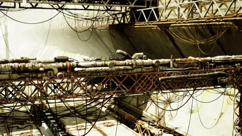Desolate salvage zone illuminated dimly with rusted machinery and cables 動画素材 341568421