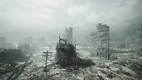 Desolate site featuring damaged structures and abandoned tools Stock Footage 334341055