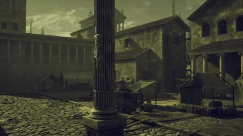 Desolate square featuring weathered structures and empty stalls Video stock 342436906