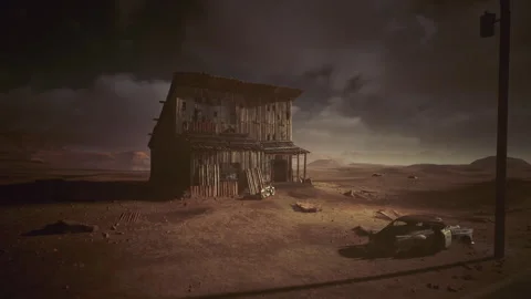 Desolate stormy countryside scene, Quiet lone cabin amidst stormy plains Stock Footage 334331905