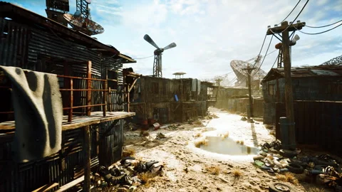 Desolate sunlit settlement, Bright wasteland with makeshift structures Stock Footage 327611855