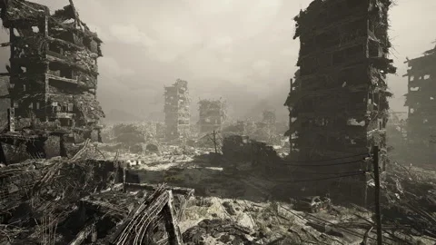 Desolate urban decay. Abandoned skyline reclaimed by creeping foliage Video stock 339787813