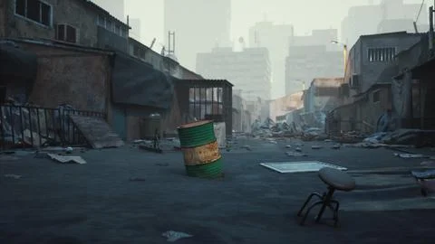 Desolate urban environment flooded with debris and abandoned items in dayligh Ilustración de archivo