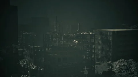 Desolate urban horizon shadowed by broken highrises at night Video stock 342439002