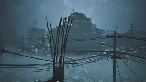 Desolate urban landscape filled with construction debris and dark clouds 库存影片 321352603
