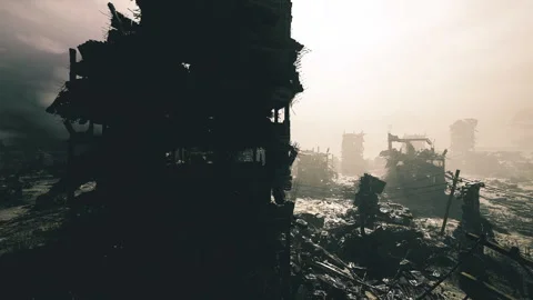 Desolate urban landscape with fractured structures and moody atmosphere Stock Footage 339787759