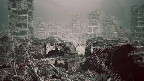 Desolate urban landscape showing total destruction and decay after disaster Stock Footage 331419730
