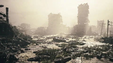 Desolate urban scene under dusk light featuring wreckage and distant silhouettes Video stock 341577186