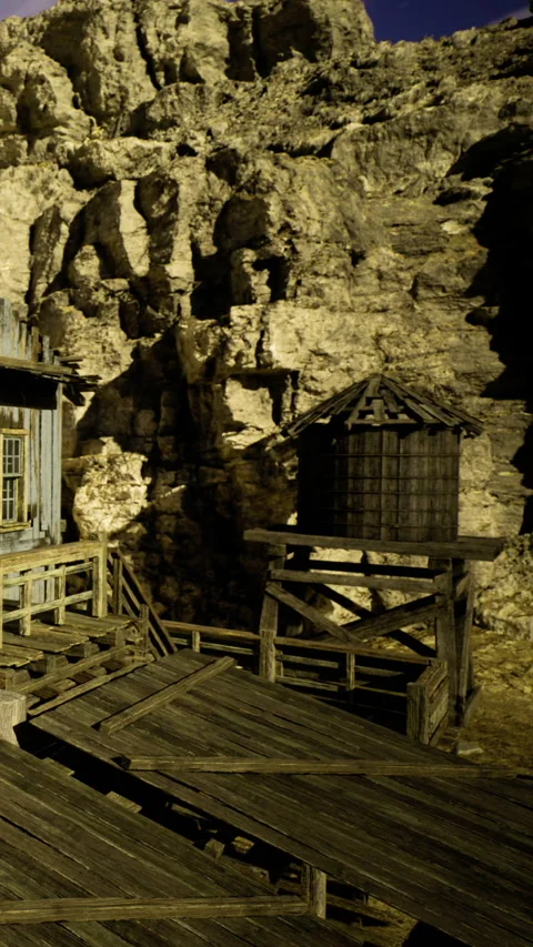 Desolate wooden structures resting beside rocky cliffs at dusk 스톡 동영상 331832220