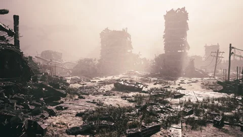 Desolation and ruins in a post apocalyptic urban landscape Stock Footage 331419513