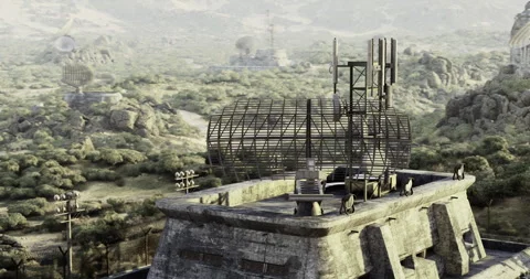 Desolation at a forgotten radar station in a post apocalyptic landscape Stock Footage 327254710