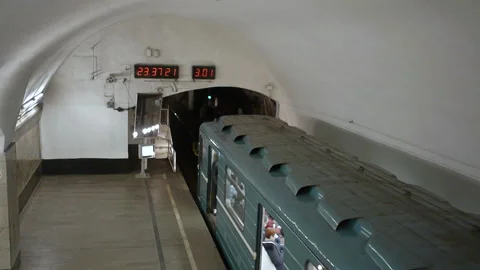 Despatching subway train 81-717 from metro station Novokuznetskaya Stock Footage 88244505