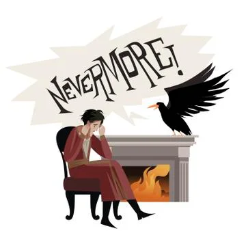 Desperate mad man with evil crow raven Stock Illustration