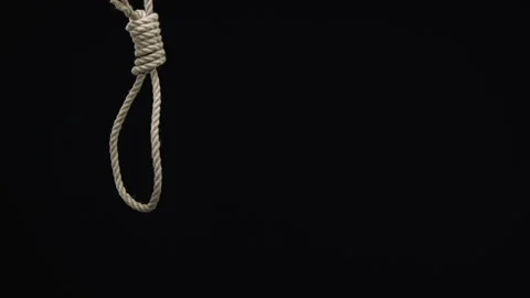 Desperate male putting rope loop over neck black background, committing suicide Stock Footage 107741288