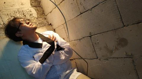 Desperate Man in Isolation Reflecting in a Dark, Gritty Corner Foto stock