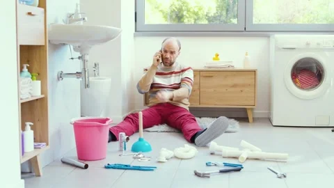 Desperate man sitting on the bathroom floor and calling a plumber Stock Footage 297856154