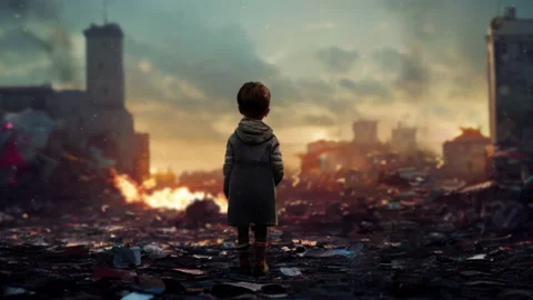 Desperate Poor Afraid Child Standing in The Middle of War Zone Deserted Stock Footage 213193783